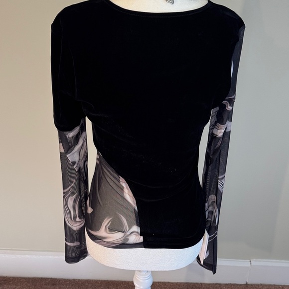 Commense Black Velvet with Mesh Gray/Tan Swirls Top (Mesh Cutout and Sleeves) - Picture 2 of 10